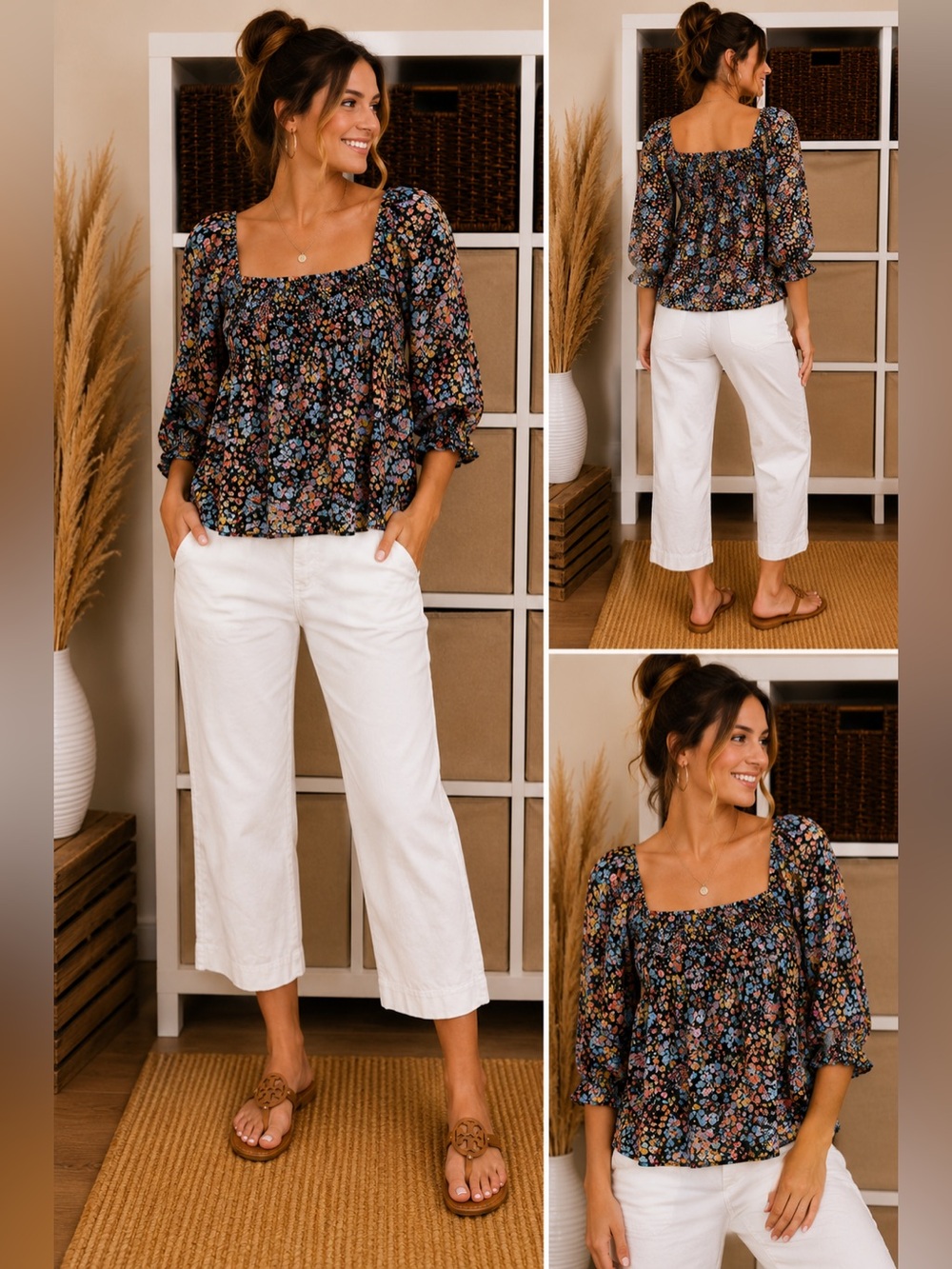 ANA Floral Puff Sleeve Peasant Top, Lee cropped pants and earrings
